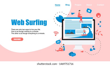 Webpage Template. Surfer surfing a wave web page vector illustration. Web page surfing concept.	