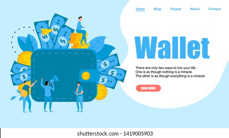 Webpage Template. Wallet with dollar banknotes and coins. Finance bank concepts.	
