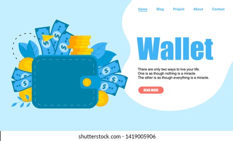 Webpage Template. Wallet with dollar banknotes and coins. Finance bank concepts.	