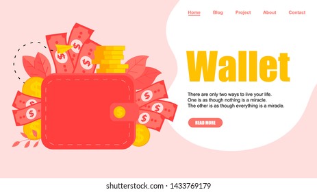Webpage Template. Wallet with dollar banknotes and coins. Finance bank concepts.	