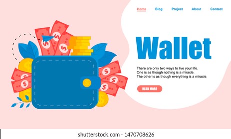 Webpage Template. Wallet with dollar banknotes and coins. Finance bank concepts.	
