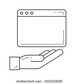 Webpage vector line icon isolated on white background. Hand and webpage line icon for infographic, website or app.