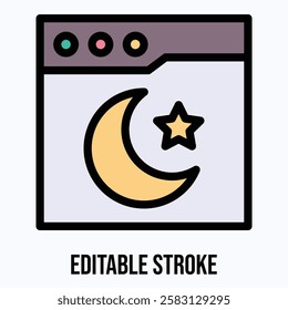 Webpage, Web Browser Vector Icon, Website Interface With Crescent Moon And Star Sign Isolated Vector Icon.