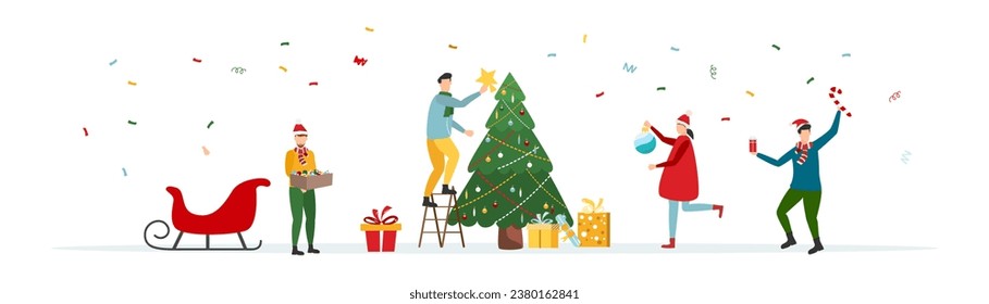 WebPeople decora el árbol de Navidad. Feliz familia cerca del árbol de Navidad y regalos. Feliz Navidad. Ilustración vectorial.