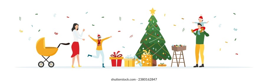 WebPeople decorate the Christmas tree. Happy family near the Christmas tree and gifts. Merry christmas. Vector illustration.