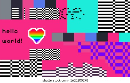 Webpunk style glitched background with VHS artifacts, random pixel noise. Vaporwave and retrowave aesthetics of 80's.