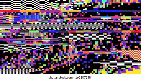 Webpunk style glitched background with VHS artifacts, random pixel noise. Vaporwave and retrowave aesthetics of 80's.