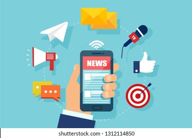 WebReading news on mobile device concept. Vector of a hand holding smartphone with news website. 