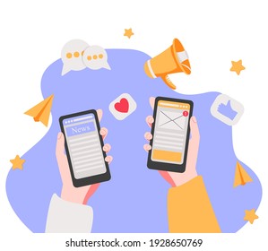 WebReading news on mobile device concept. Vector of a hand holding smartphone with news website. Online newspaper media. Newsletter content advertisement on internet. Breaking news vector illustration