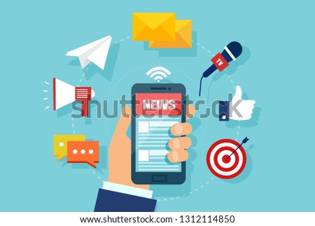 WebReading news on mobile device concept. Vector of a hand holding smartphone with news website. 