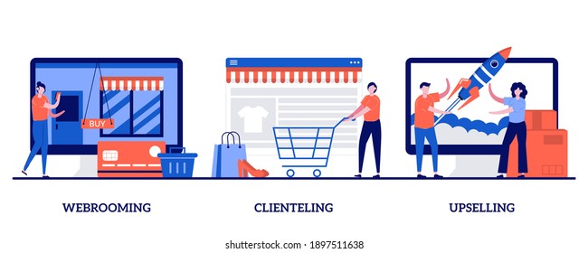 Webrooming, clienting, upselling concept with tiny people. Shopping behavior abstract vector illustration set. Digital goods research, client loyalty, customer motivation, product online metaphor.