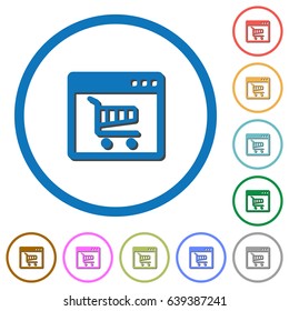Webshop application flat color vector icons with shadows in round outlines on white background
