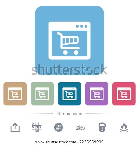 Webshop application white flat icons on color rounded square backgrounds. 6 bonus icons included