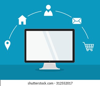 webshop business account development illustration with web icons around computer with blue background