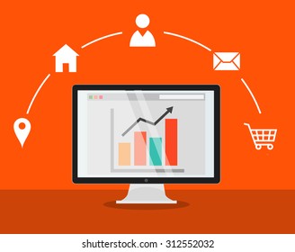 webshop business account development illustration with web icons around computer with chart on the screen with orange background