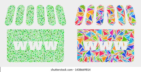 Webshop collage icon of triangle items which have variable sizes and shapes and colors. Geometric abstract vector illustration of webshop.