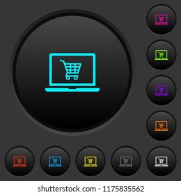 Webshop dark push buttons with vivid color icons on dark grey background