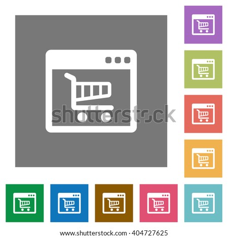 Webshop flat icon set on color square background.