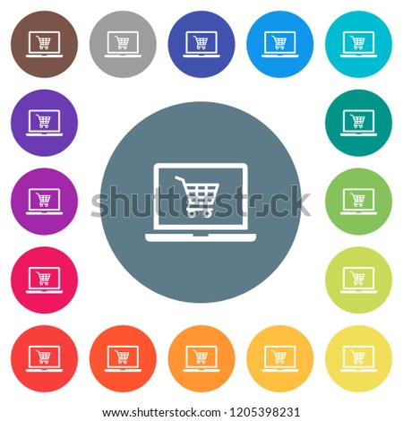 Webshop flat white icons on round color backgrounds. 17 background color variations are included.