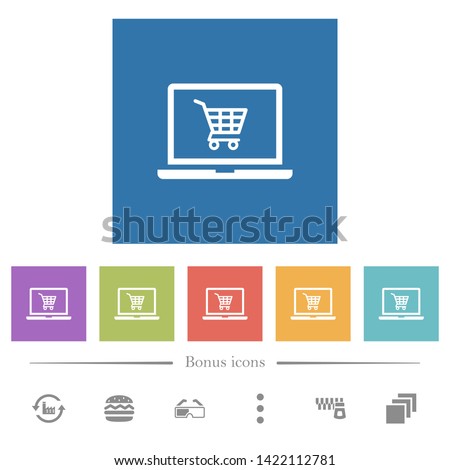 Webshop flat white icons in square backgrounds. 6 bonus icons included.