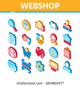 Webshop Internet Store Icons Set Vector. Isometric Webshop Online Shop Cupón Y Comprar, Chat Y Faq, Información E Ilustraciones De Pago