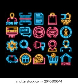 Webshop Internet Store neon light sign vector. Glowing bright icon  Webshop Online Shop Coupon And Buy, Chat And Faq, Information And Pay Illustrations