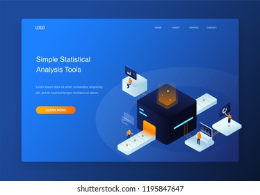 Website 3d Isometric Landing page of People interacting with charts and analyzing statistics. Data visualization concept illustration