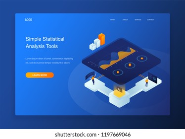 Website 3d Isometric Landing page of People interacting with charts and analyzing statistics. Data visualization concept illustration