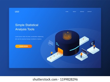 Website 3d Isometric Landing page of People interacting with charts and analyzing statistics. Data visualization concept illustration