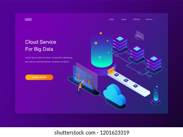 Website 3d Isometric Landing page of People interacting with cloud computing services analyzing statistics. Data visualization concept illustration