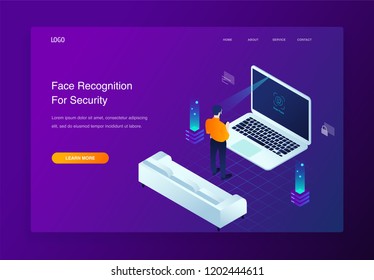 Website 3d Isometric Landing page of Face recognition on laptop concept illustration