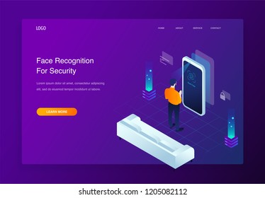 Website 3d Isometric Landing page of Face recognition on smartphone concept illustration