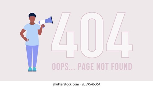 Website 404 error concept. Character with megaphone. Lost, not found pages. Colorful flat vector illustration