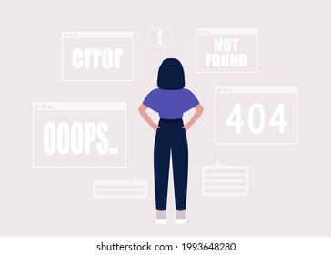Concepto de error del sitio web 404. Mujer con páginas web con problemas. Pérdidas, páginas no encontradas. Ilustración de vector plana colorida