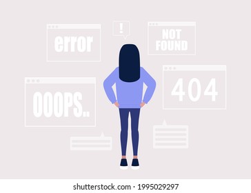 Fehlerkonzept Website 404. Frau mit Webseiten mit Problemen. Verlorene, nicht gefundene Seiten. Farbige flache Vektorgrafik