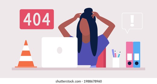 Website 404 error concept. Young woman with computer. Colorful flat vector illustration