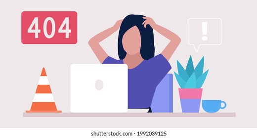 Website 404 error concept. Young woman with computer. Colorful flat vector illustration