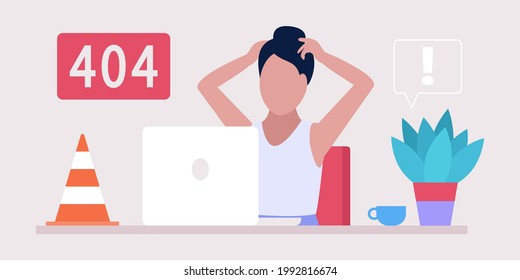 Website 404 error concept. Young woman with computer. Colorful flat vector illustration