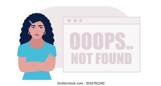 Website 404 error concept. Young woman with computer. Colorful flat vector illustration