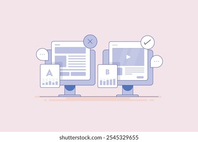 Website AB test, Landing page AB testing para a campanha de publicidade digital. Teste AB para conversão de clientes, teste de divisão - plano de fundo de ilustração de vetor com ícones
