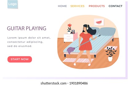 Website about guitar playing. Girl with headphones washes floor. Woman plays mop like guitar. Person creates music. Female character performs songs, cleans. Musician imagines guitar in bedroom
