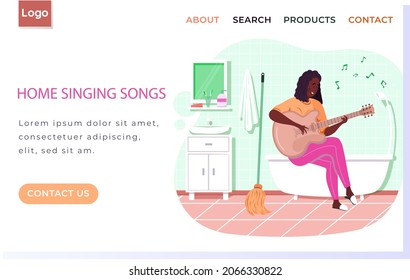 Website about singing songs at home. Girl sits on bathtub in bathroom with guitar and plays. Person creates her own music. Female character uses musical instrument. Guitarist is making melody