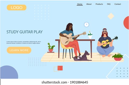 Website about study guitar play. Man sings with woman in duet vector illustration. Musicians are playing strings on instrument. Guitarist making melody. Male bard with ukulele in hands create music