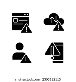 Website access denied black glyph icons set on white space. Cloud data storage issue. Smartphone breakage. Unknown user. Silhouette symbols. Solid pictogram pack. Vector isolated illustration