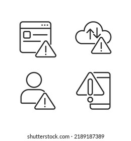 Website access denied pixel perfect linear icons set. Cloud storage issue. Smartphone breakage. Unknown user. Customizable thin line symbols. Isolated vector outline illustrations. Editable stroke