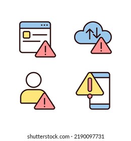 Website access denied pixel perfect RGB color icons set. Cloud data storage issue. Smartphone breakage. Isolated vector illustrations. Simple filled line drawings collection. Editable stroke