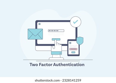 Website account security system. Two factor authentication, OTP for internet security - outline vector illustration background