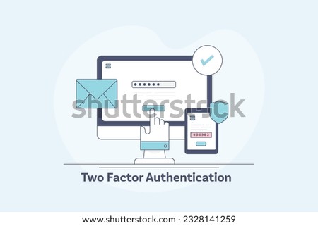 Website account security system. Two factor authentication, OTP for internet security - outline vector illustration background