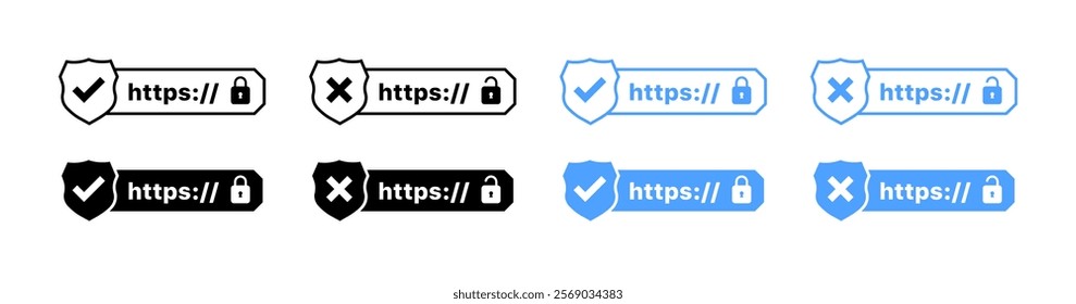 Website address set icons. Protected address icons. Flat and silhouette style. Vector icons.