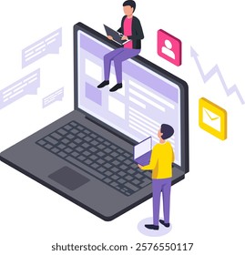 Website administration and software development featuring programmers collaborating on laptops to manage content, illustrated in an isometric style